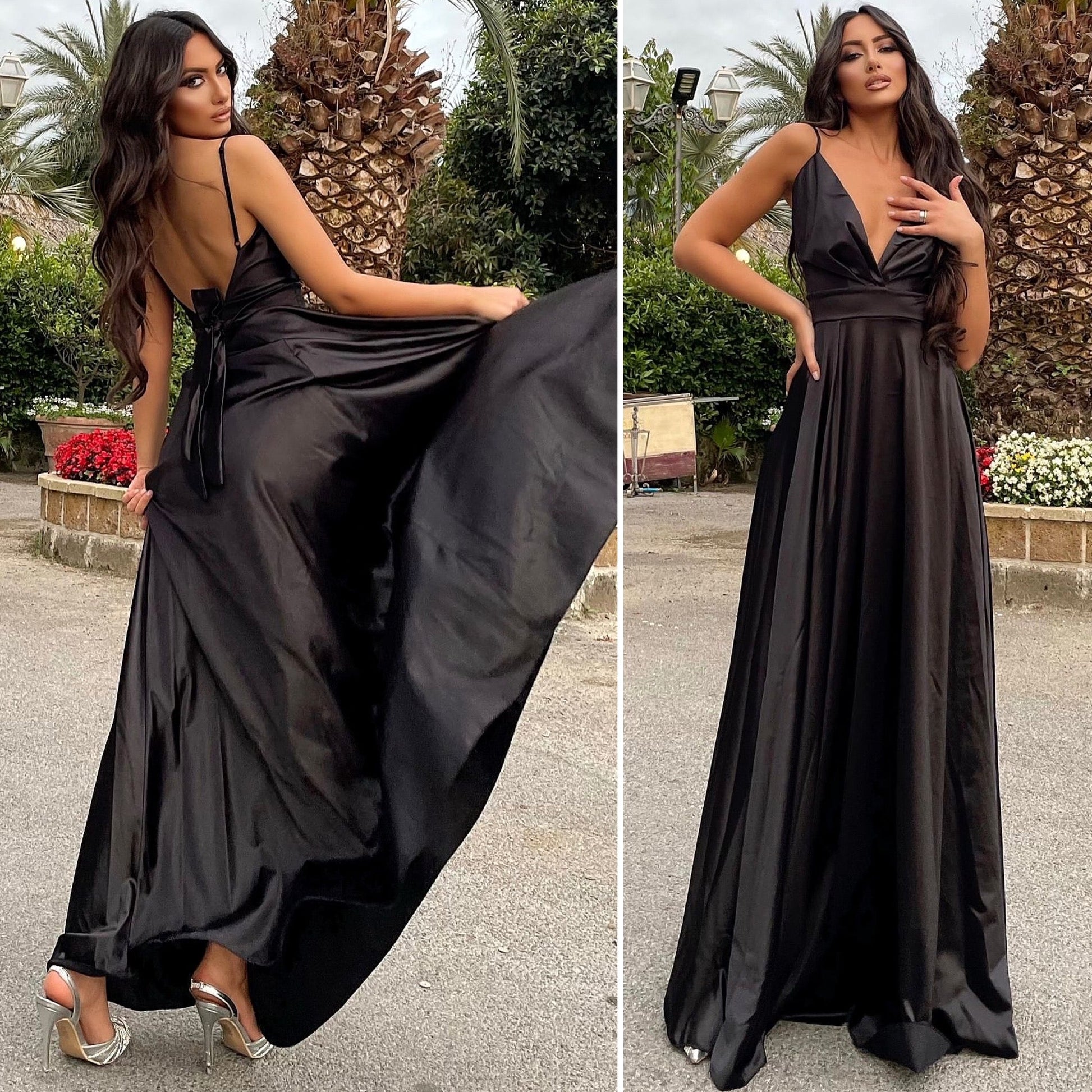 Abito in raso lungo con maxi gonna Nero