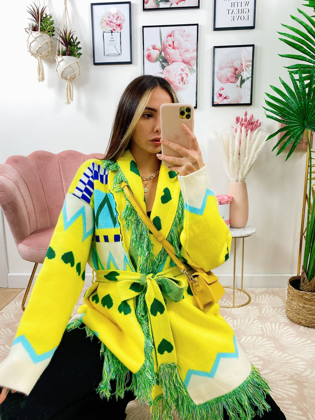 Cardigan frange e cinta giallo