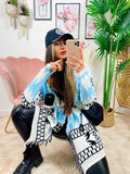 Cardigan con frange e cinta celeste