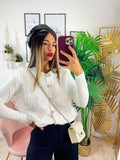 Maglione con bottoni gioiello e pizzo bianco