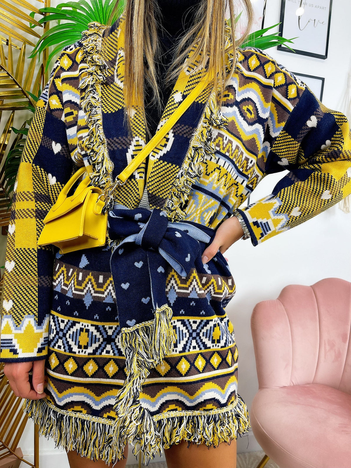 Cardigan con frange e cuori Giallo celeste