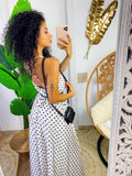 Abito in raso con maxi spacco bianco pois nero