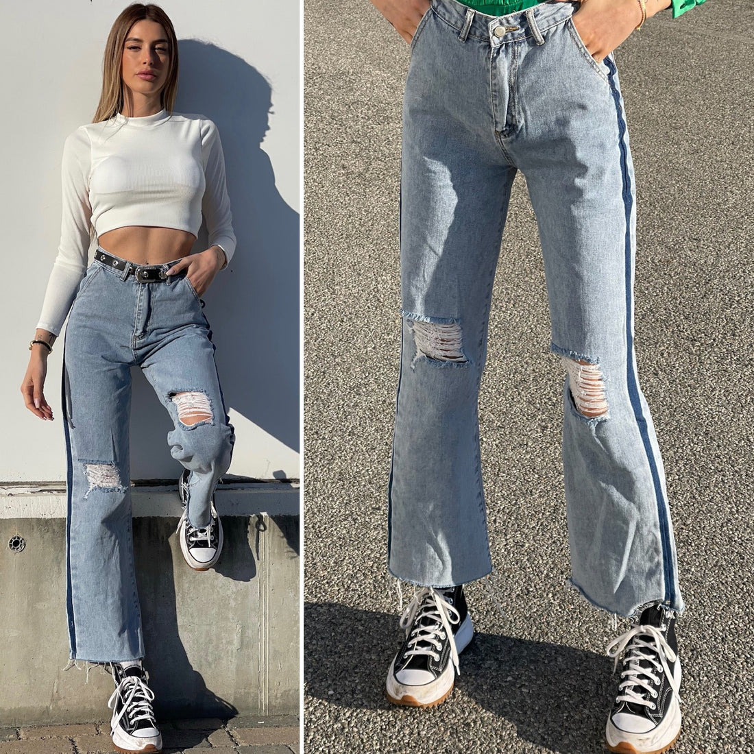 Jeans wide leg con strappi e dettaglio