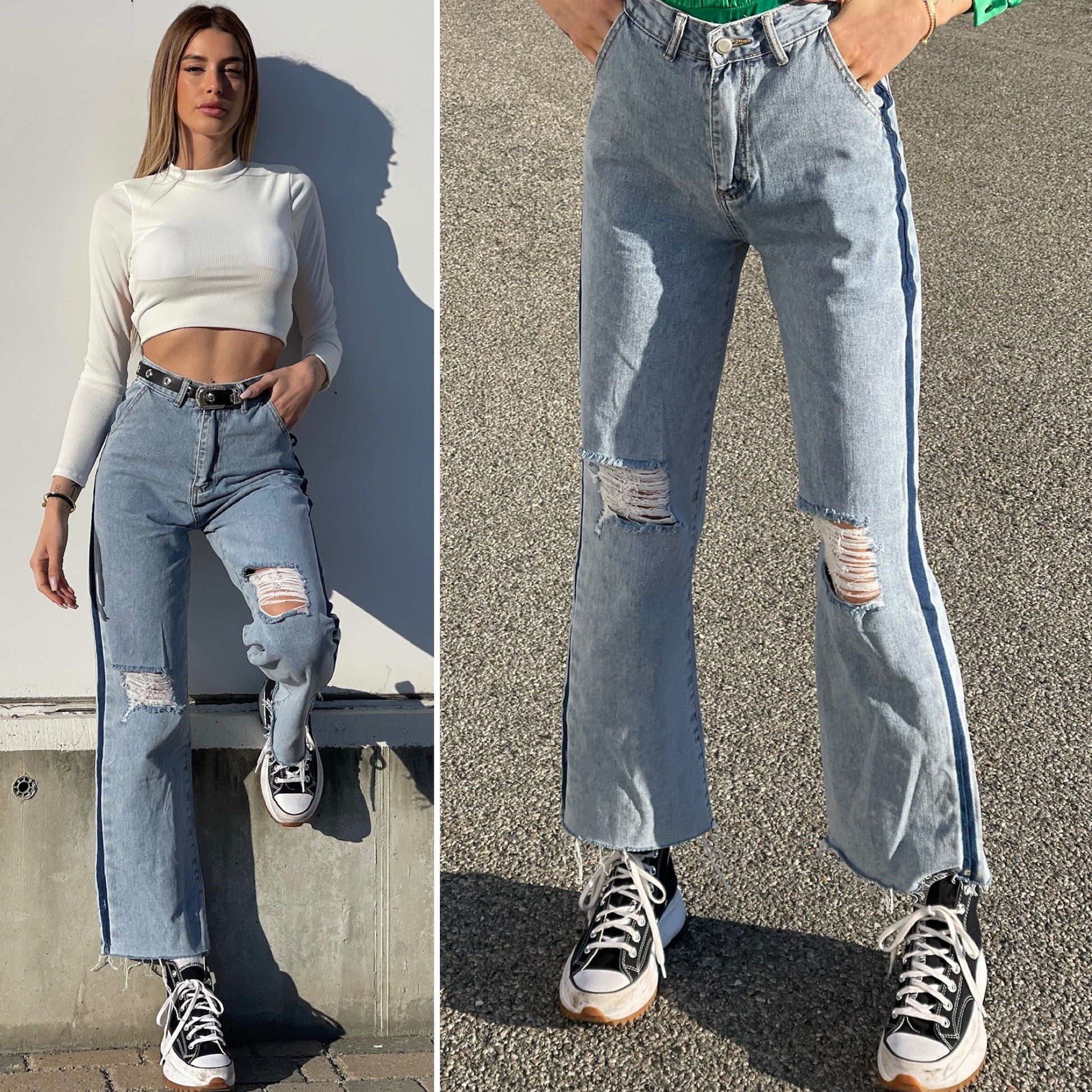 Jeans wide leg con strappi e dettaglio