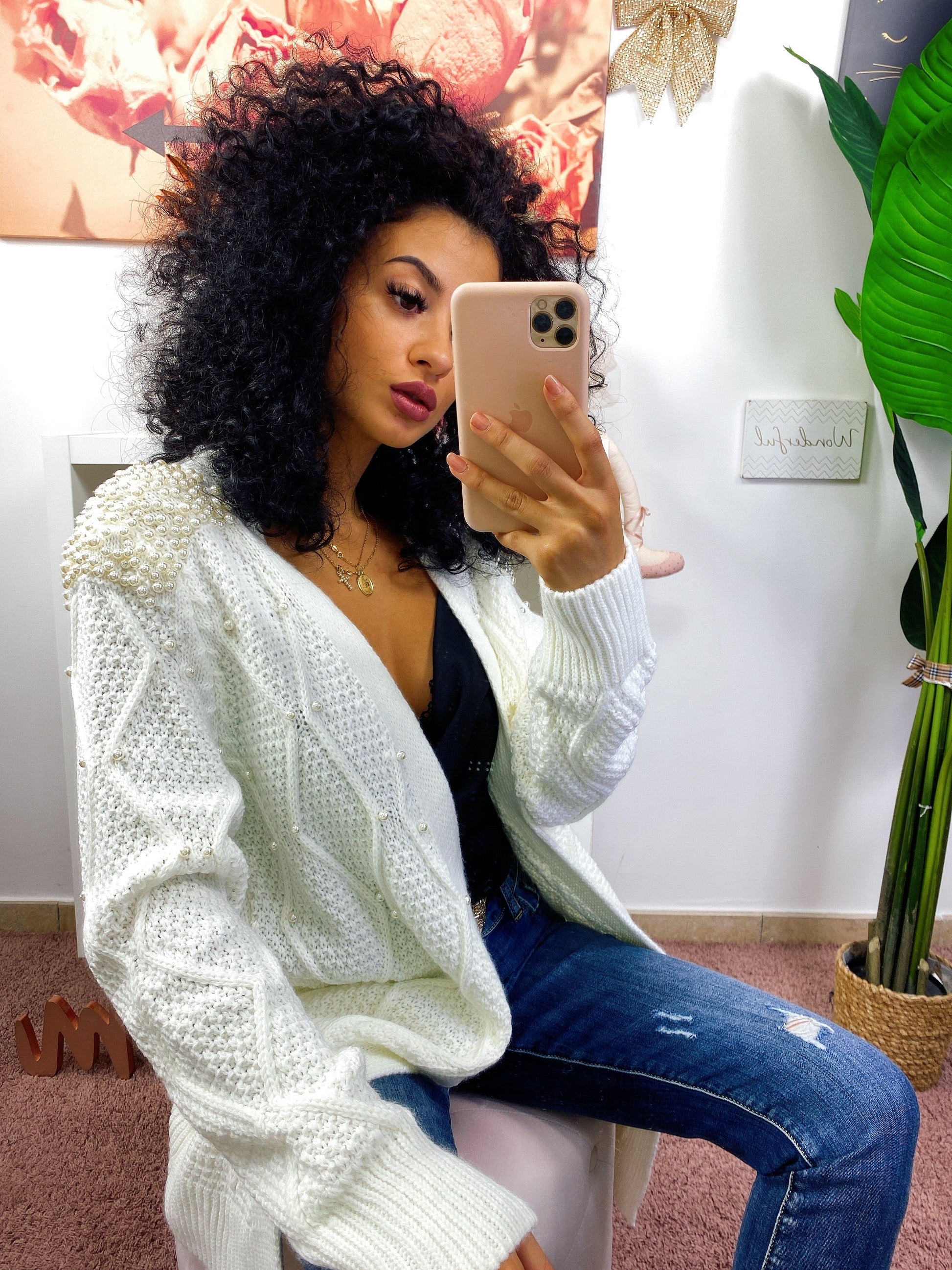 Cardigan lungo con perle