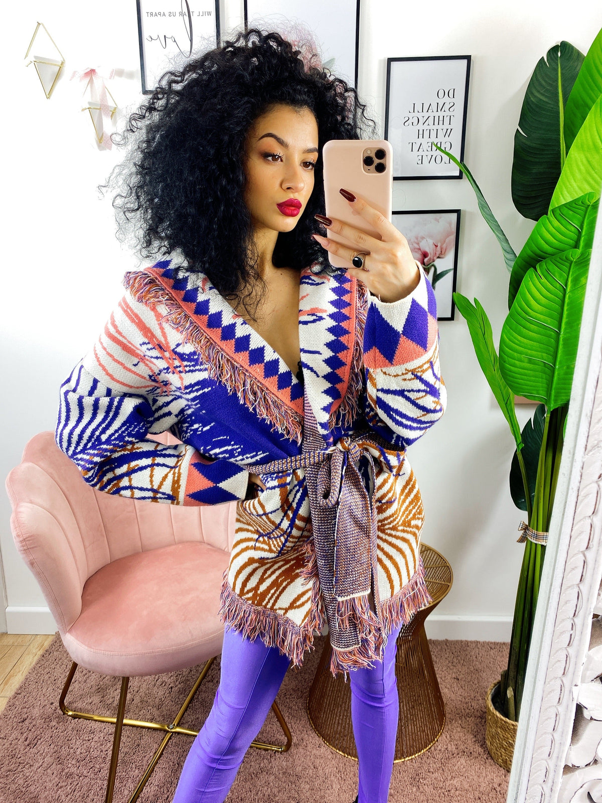 Cardigan frange e cinta viola arancio