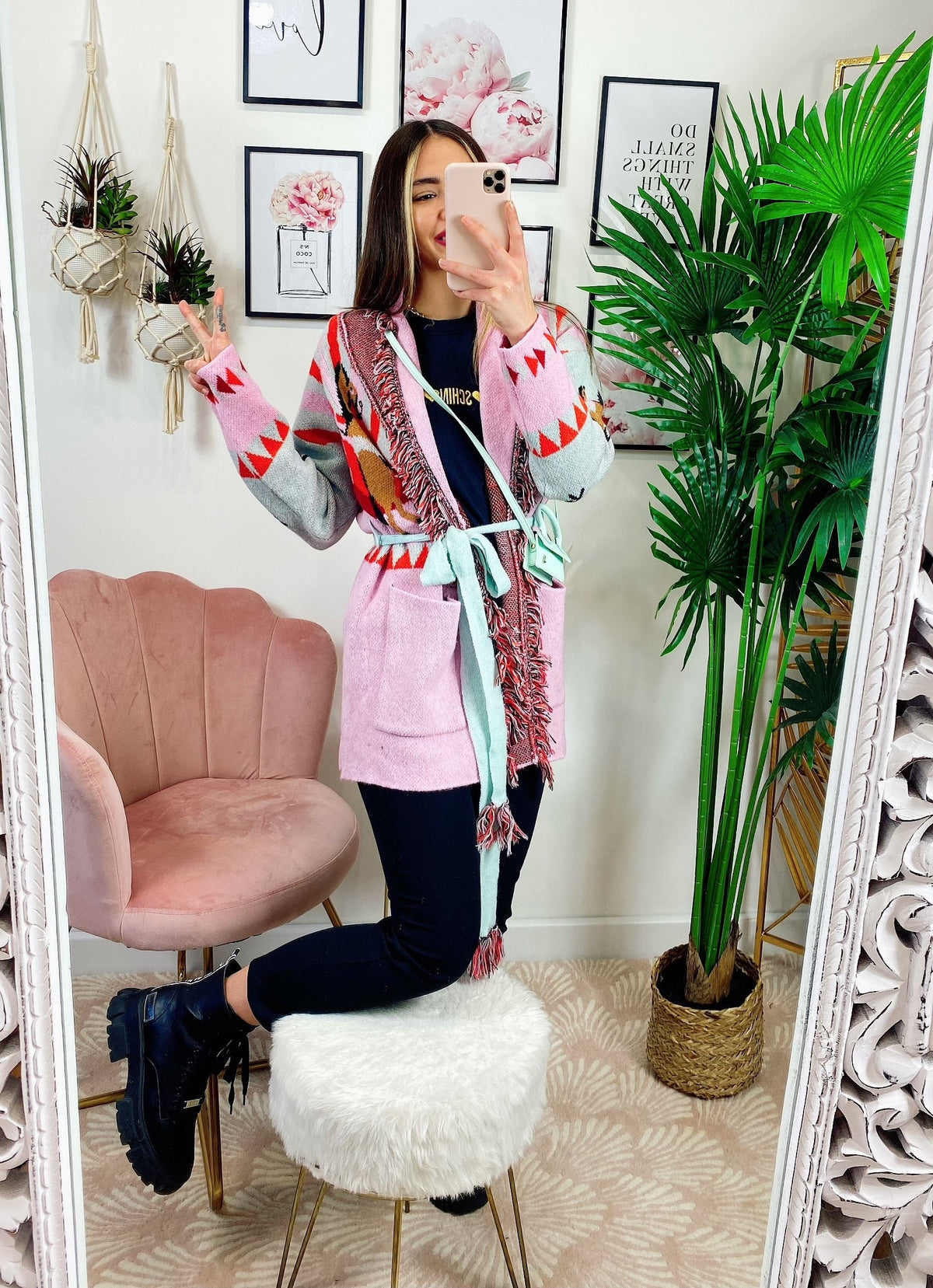 Cardigan con frange stampa cavallo Rosa