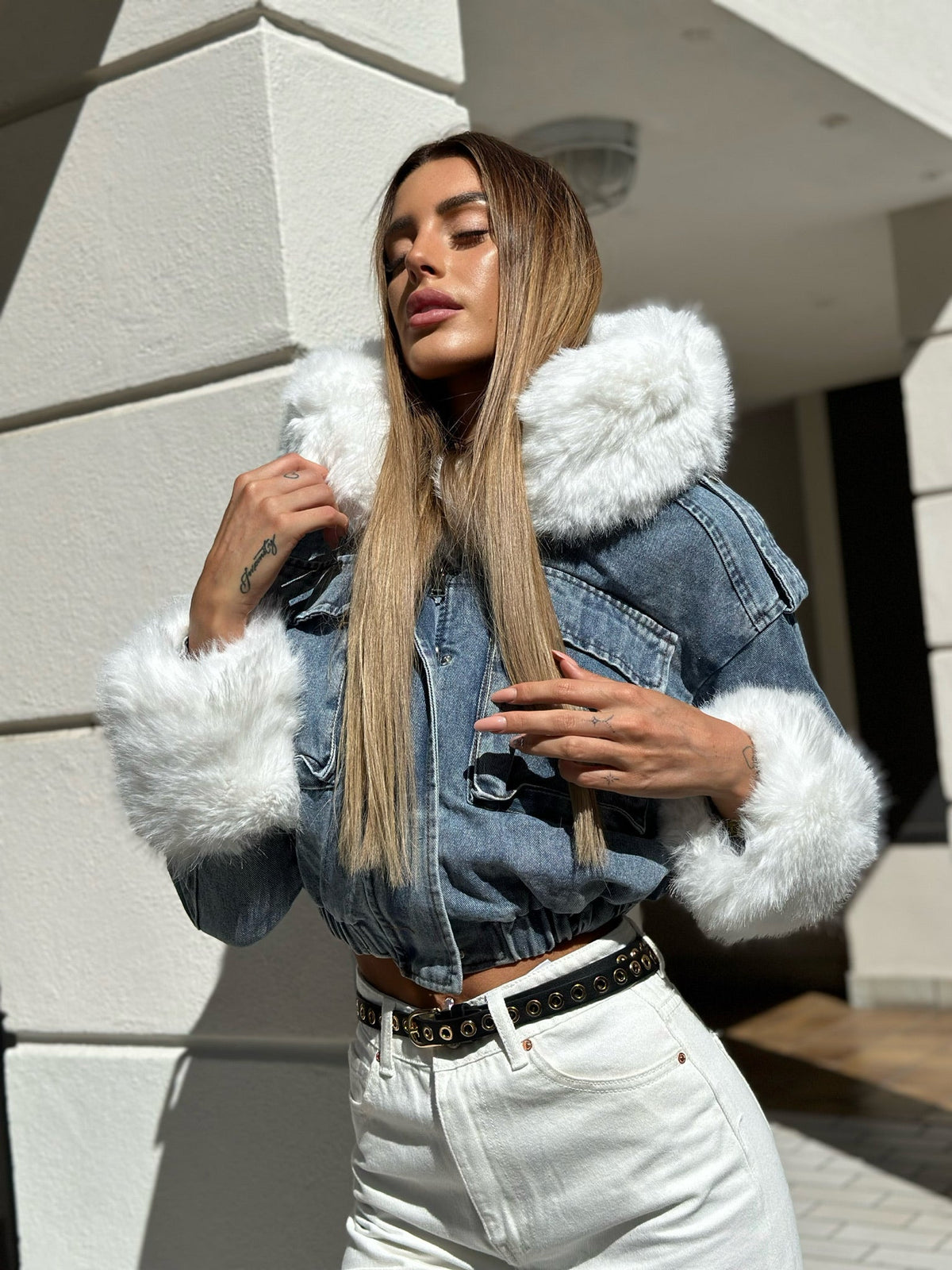 Giaccone di jeans pelo bianco