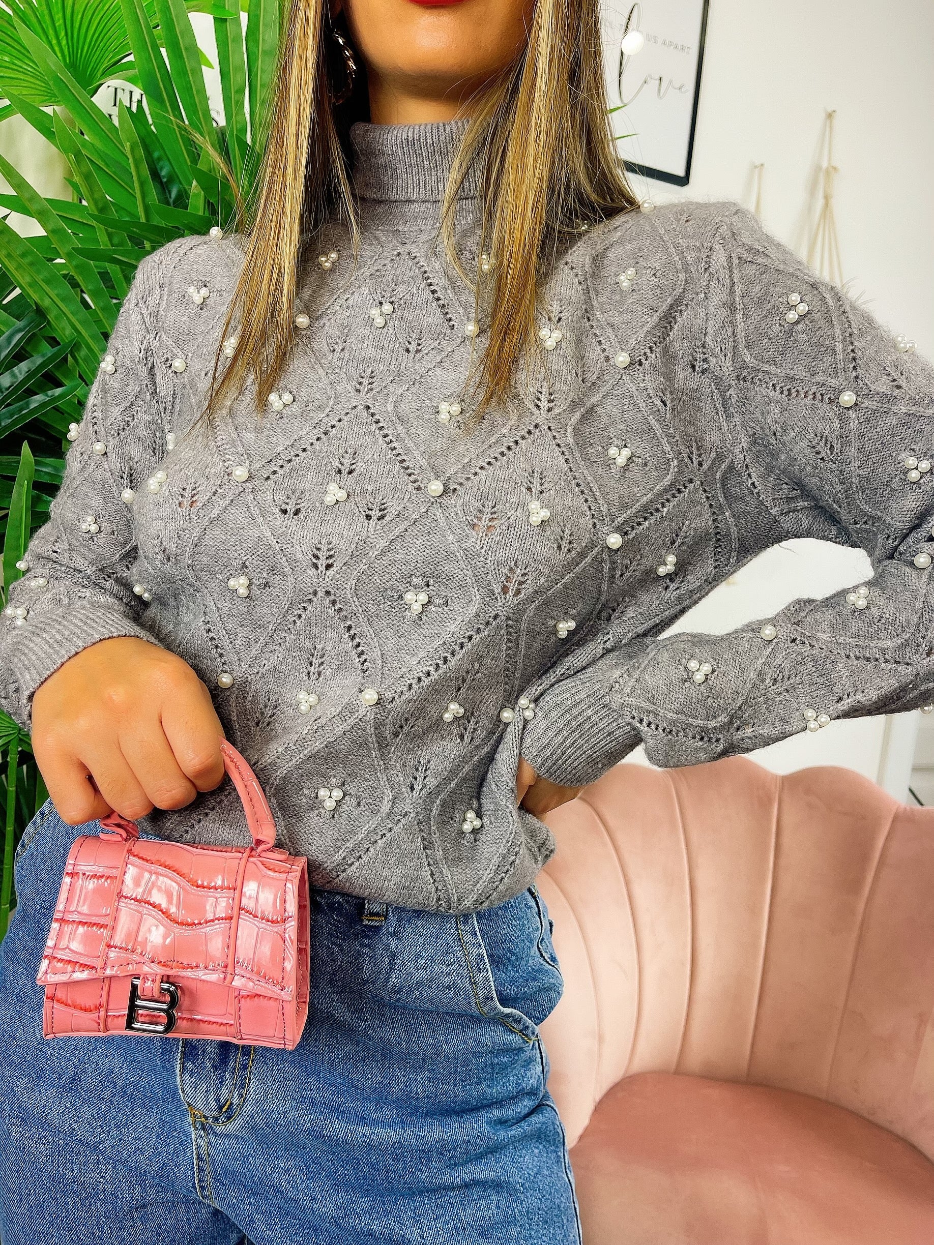 Maglione top quality con perle grigio