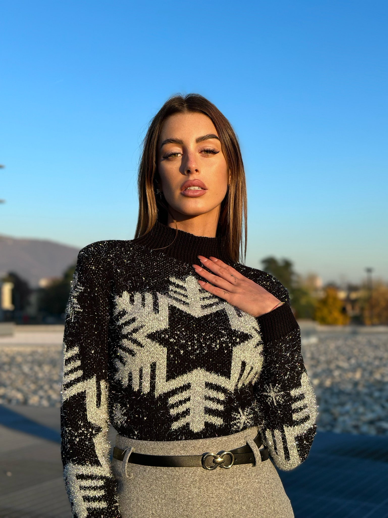 Maglione fiocco di neve nero e argento