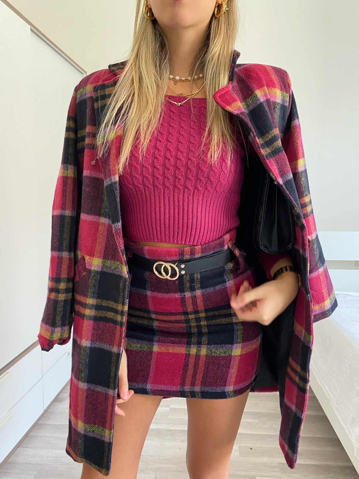 Cappotto check fucsia nero