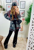 Cardigan grigio con sfumature rosse frange e cinta