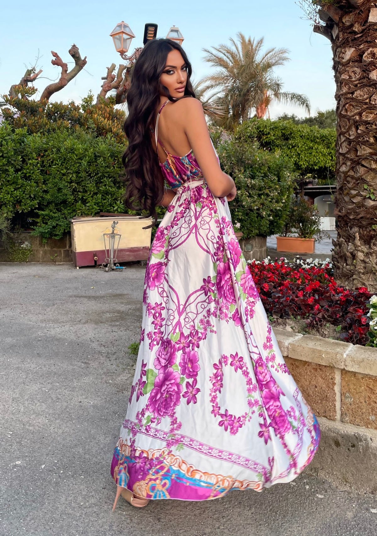 Abito con spacco fiori Fuxia
