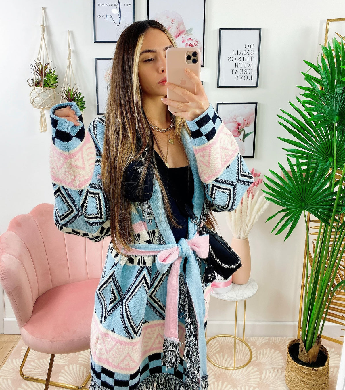 Cardigan frange e cinta celeste