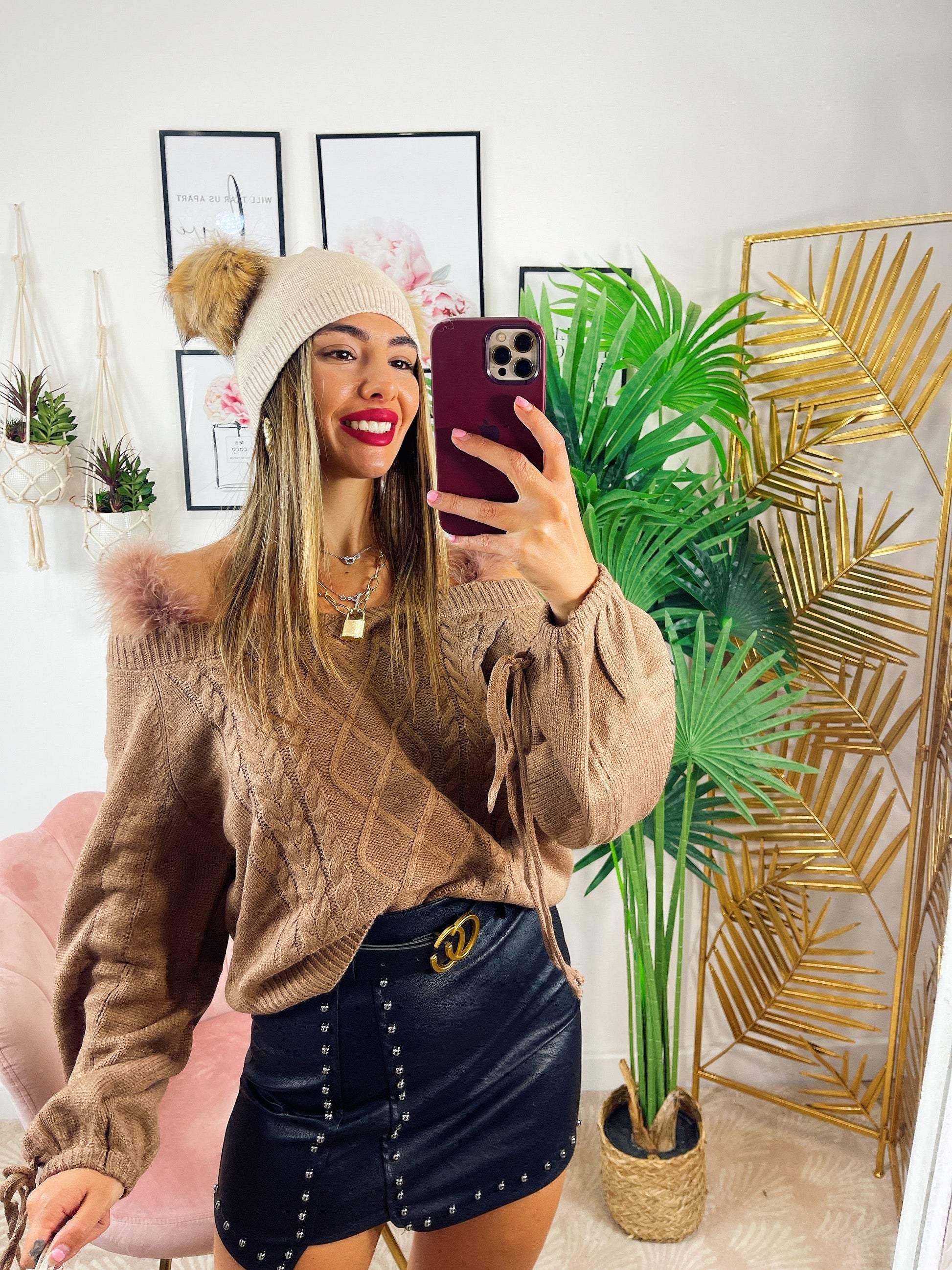 Maglione con spalline pelose camel