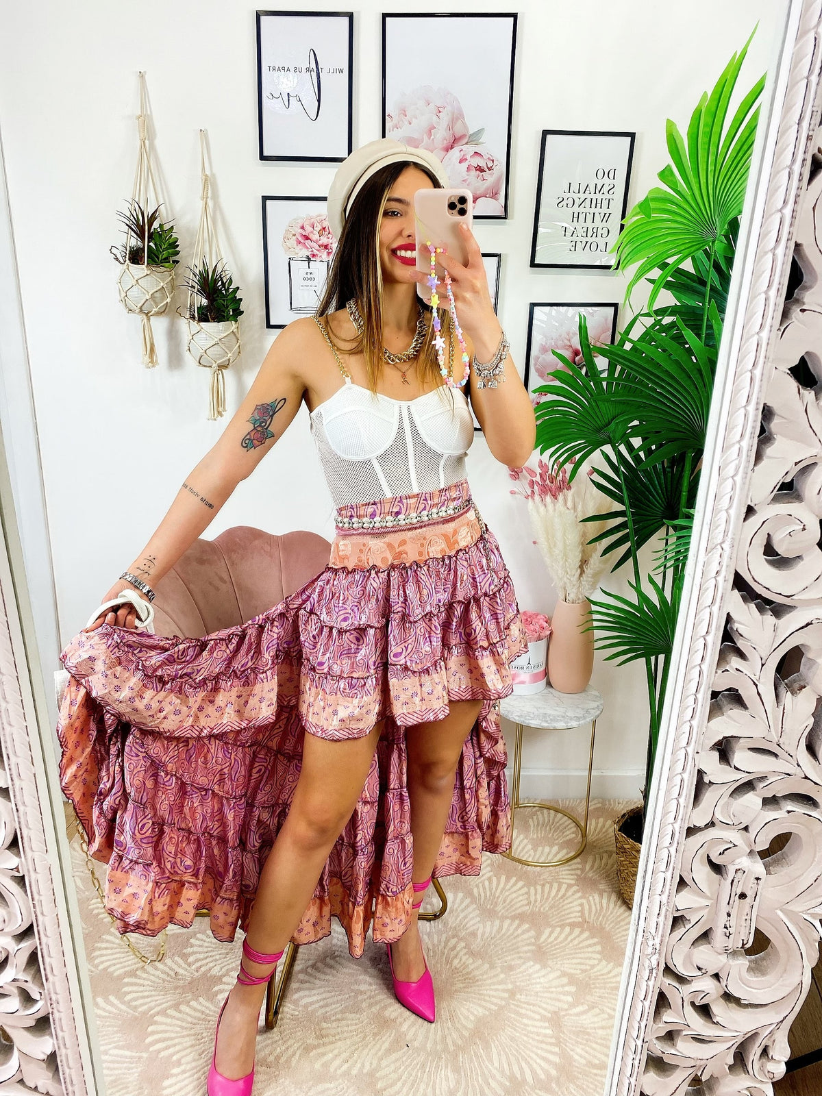 Gonna asimmetrica rosa e pesca
