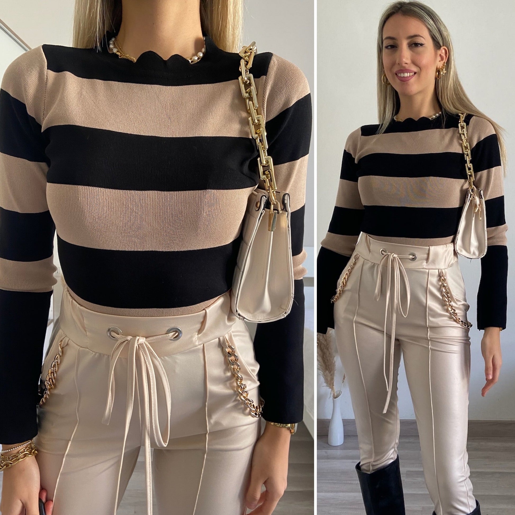 Maglione a righe con spacco nude Nero