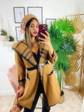 Cappotto check camel con cintura