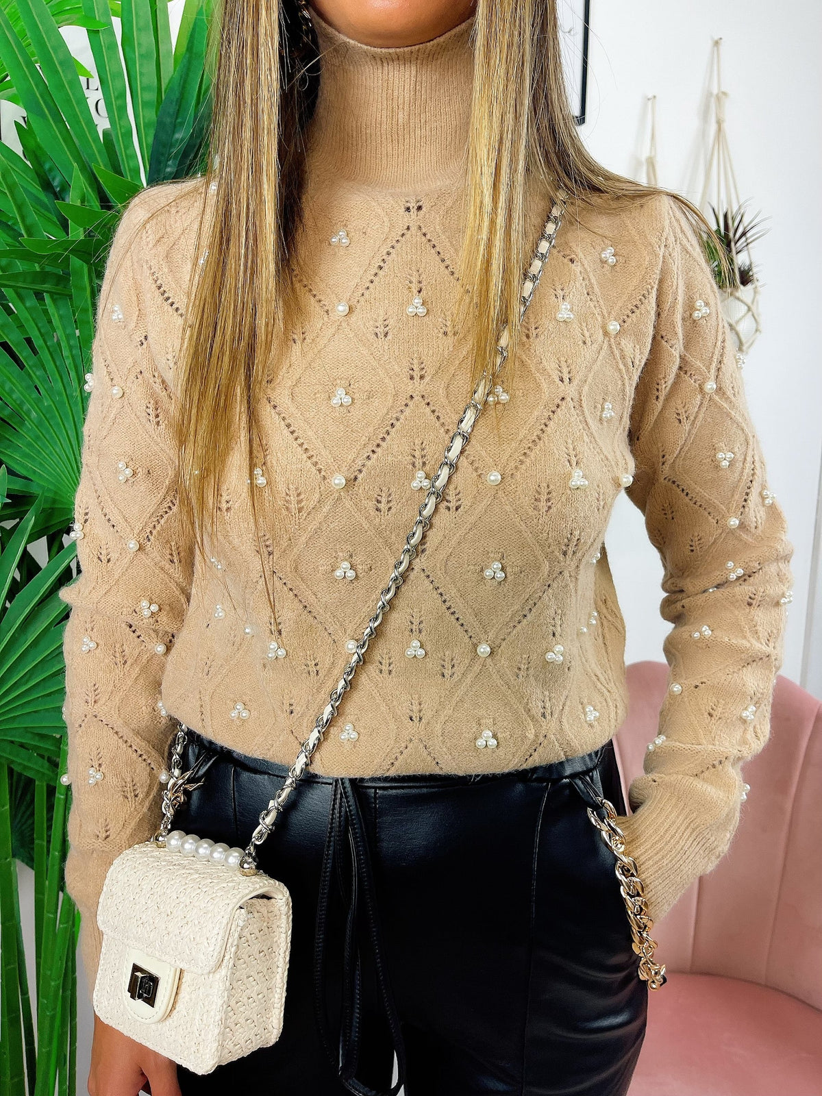 Maglione top quality con perle camel