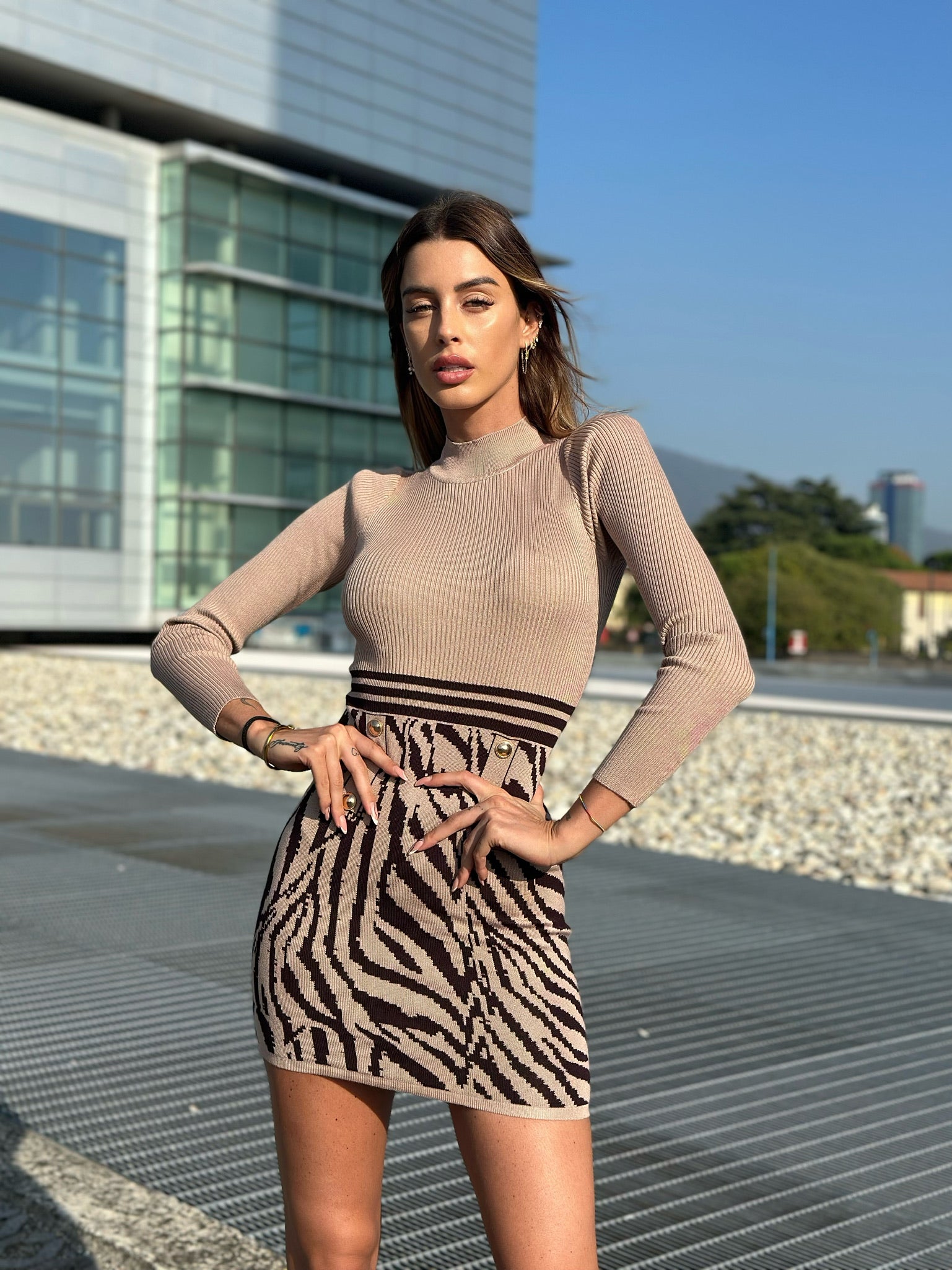 Abito in maglia nude gonna a fantasia zebrata