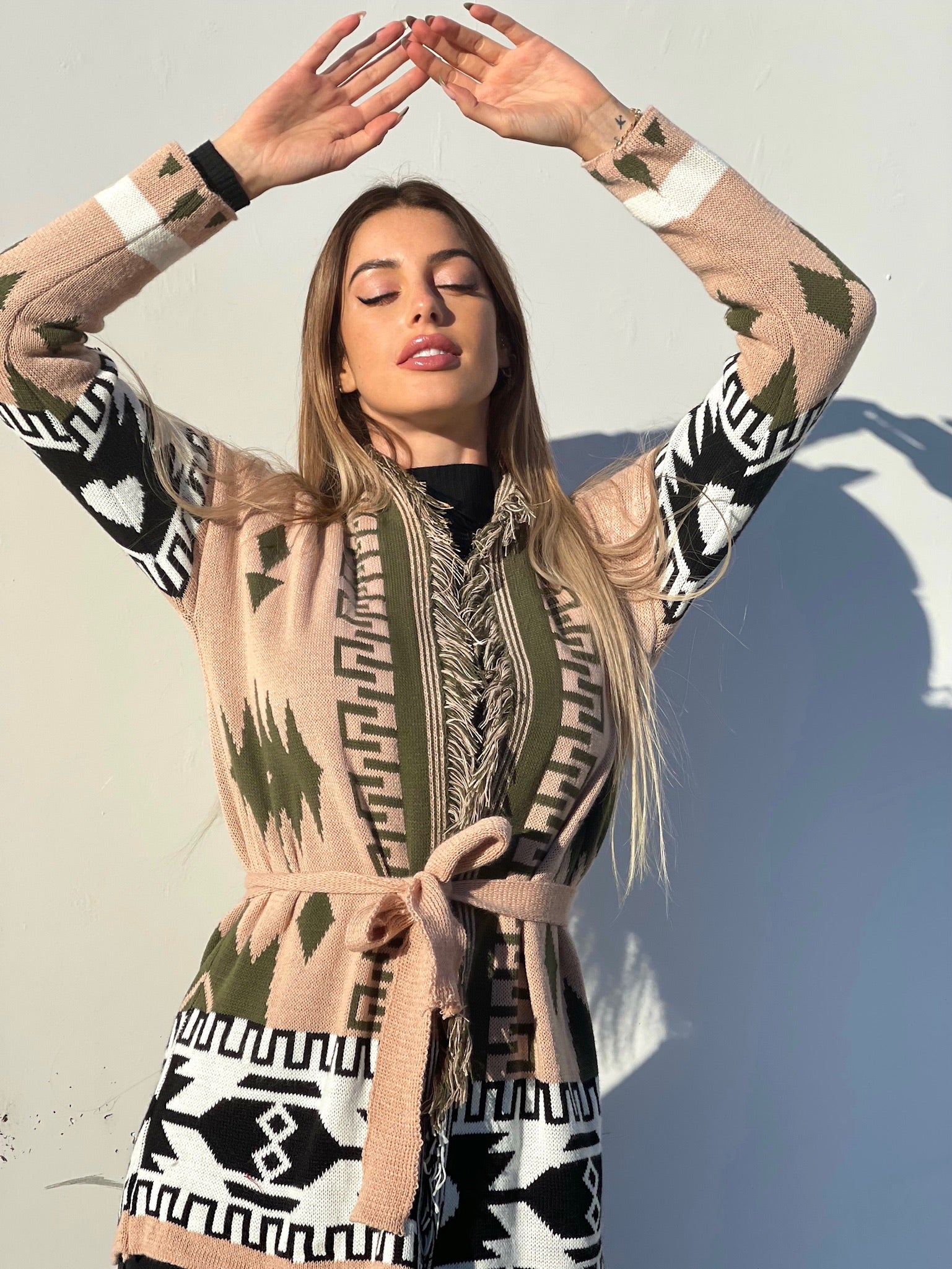 Cardigan frange e cinta dettaglio verde
