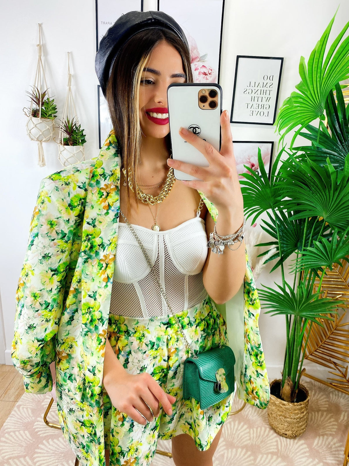 Completo Giacca e Short fiori lime