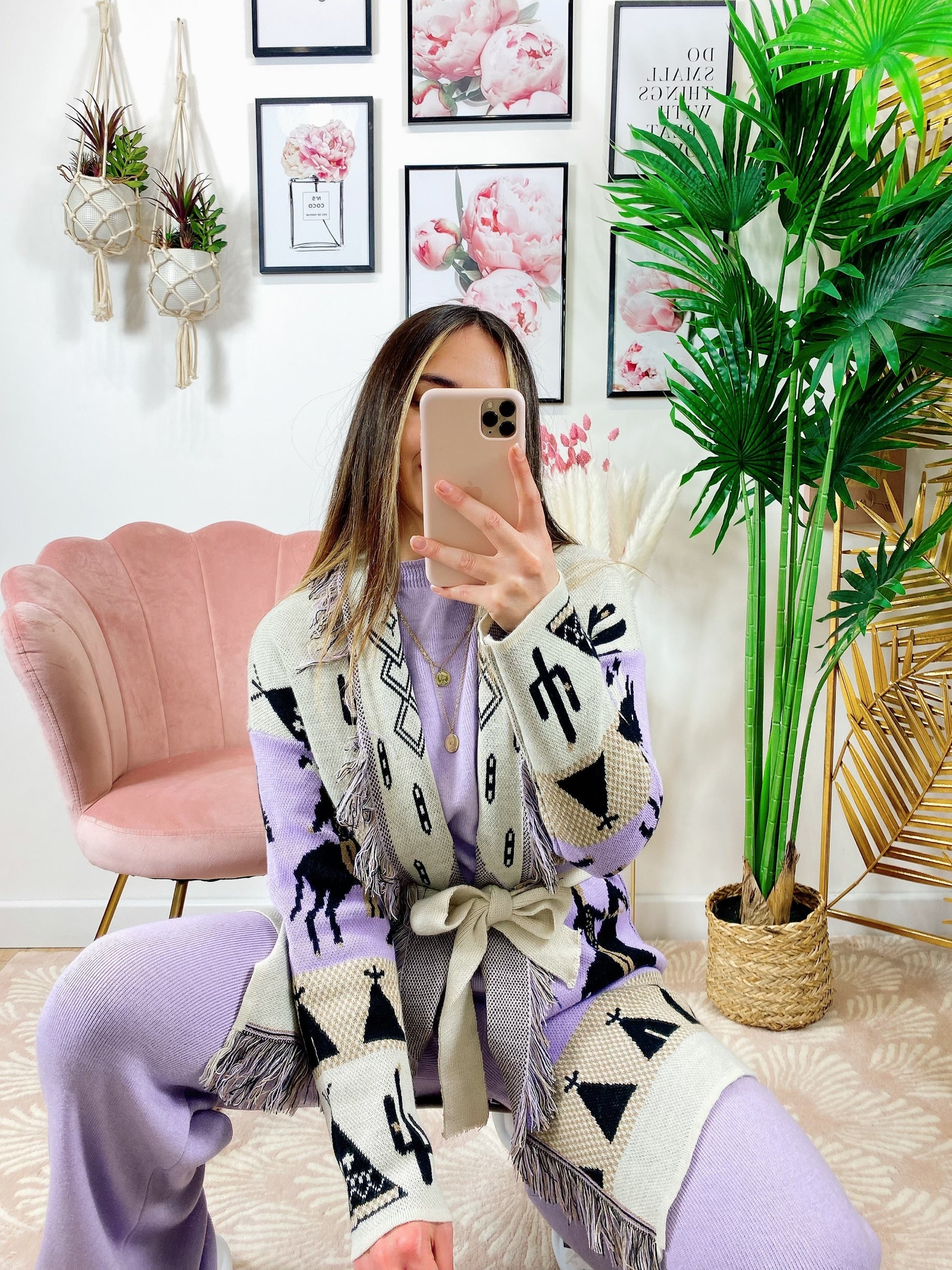 Cardigan con frange stampa cavallo lilla