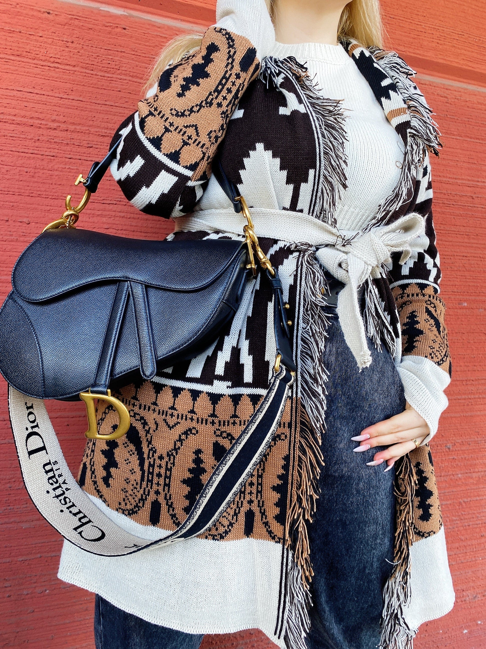 Cardigan Camel/Black con frange e cinta