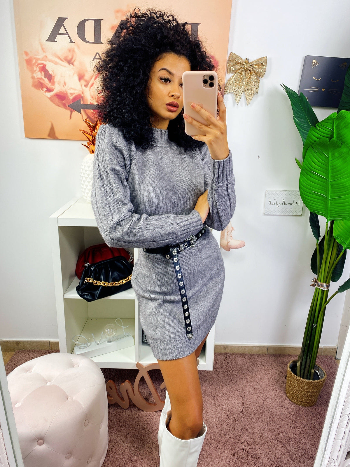Abito in maglia con trecce e spalline Grigio