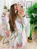 Cardigan con frange Verdeacqua e Rosa