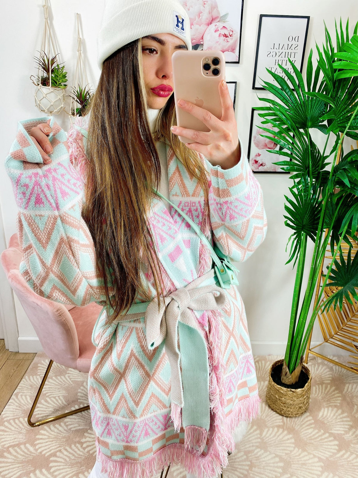 Cardigan con frange Verdeacqua e Rosa