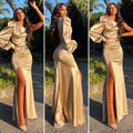 Abito in raso monospalla beige