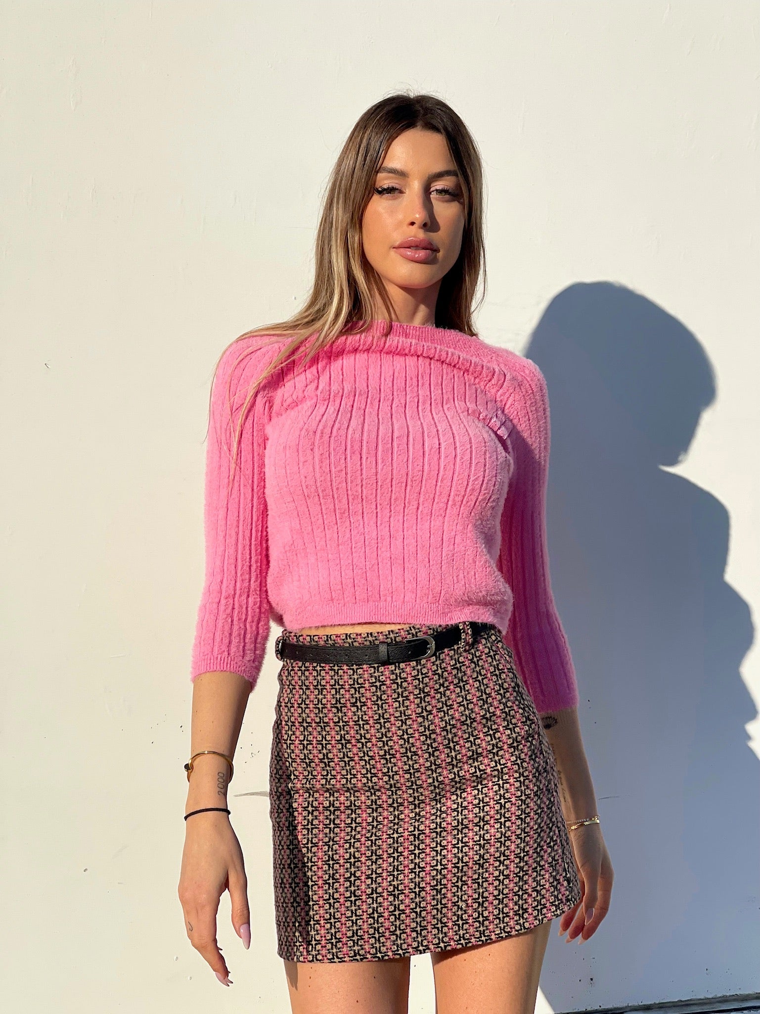 Gonna in tweed dettaglio rosa barbie
