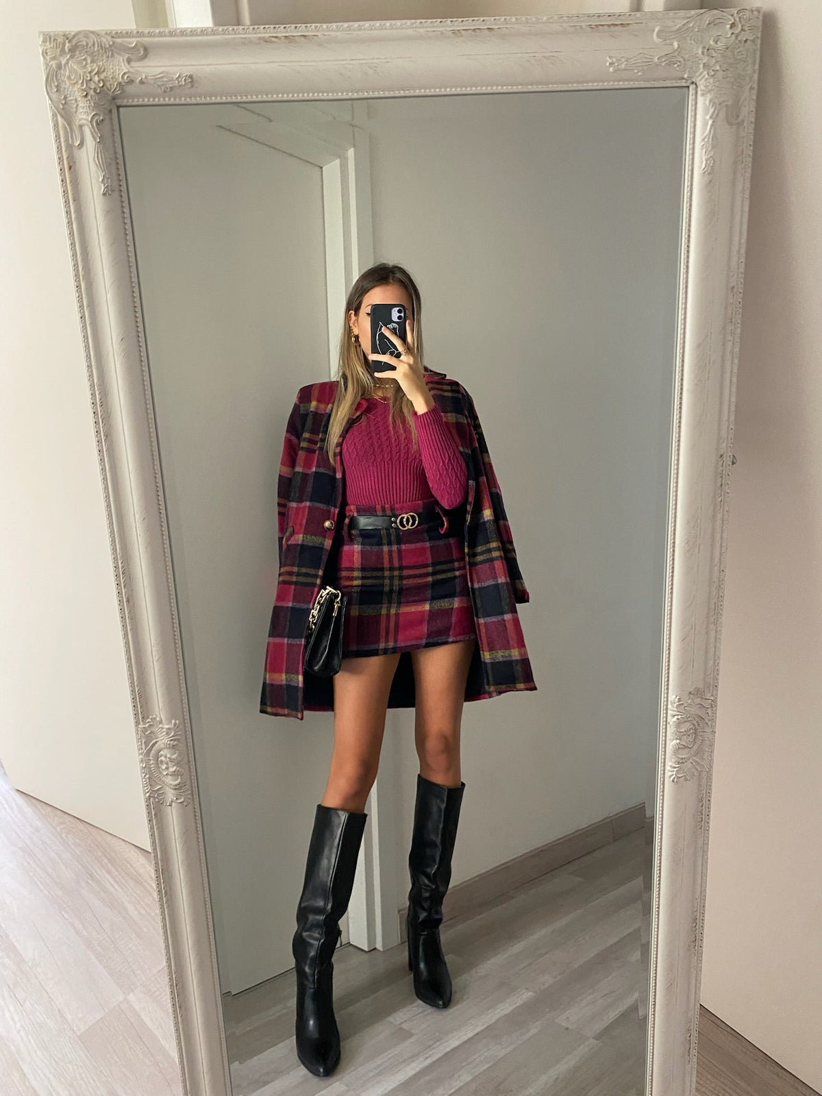 Cappotto check fucsia nero