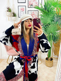 Cardigan con frange rosso blu maculato