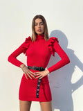 Abito a costine Rosso con Rouches sulle maniche