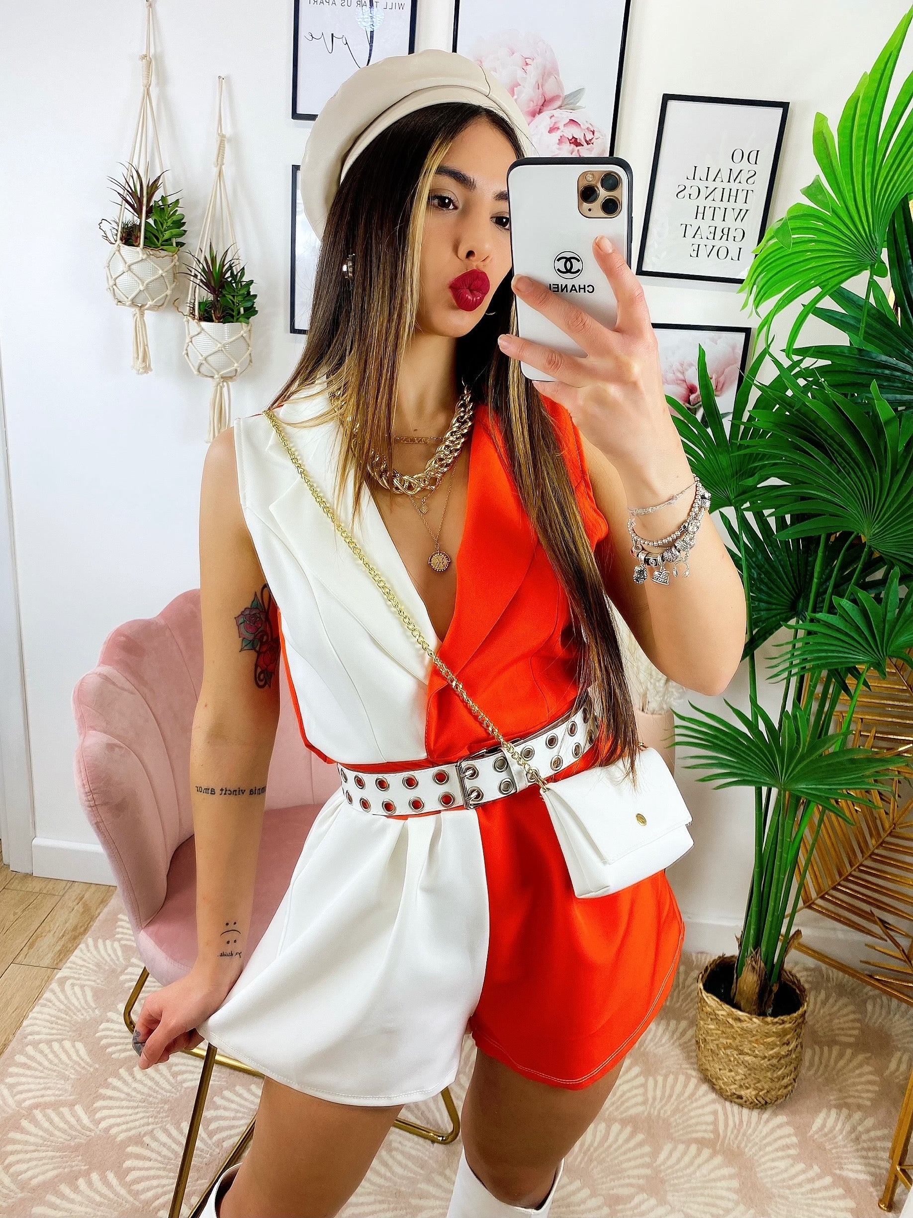Tutina a Blazer bicolor con borsetta bianco Arancio