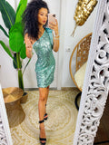 Abito con paillettes verde acqua monospalla con fiocco