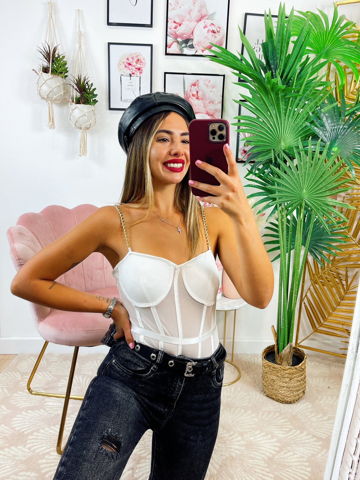 Body con trasparenze e catena bianco
