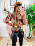 Maglione collo alto rosa e oro