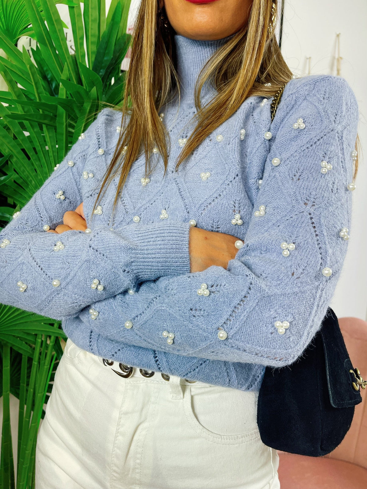 Maglione top quality con perle celeste