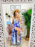 Abito maxi spacco fantasia blu