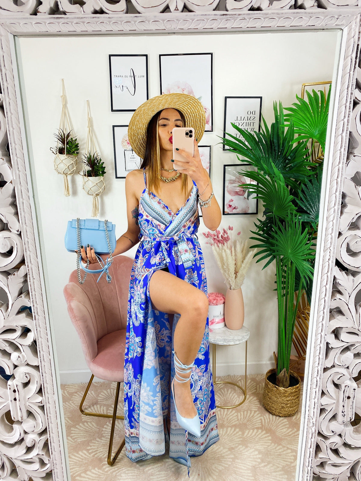 Abito maxi spacco fantasia blu