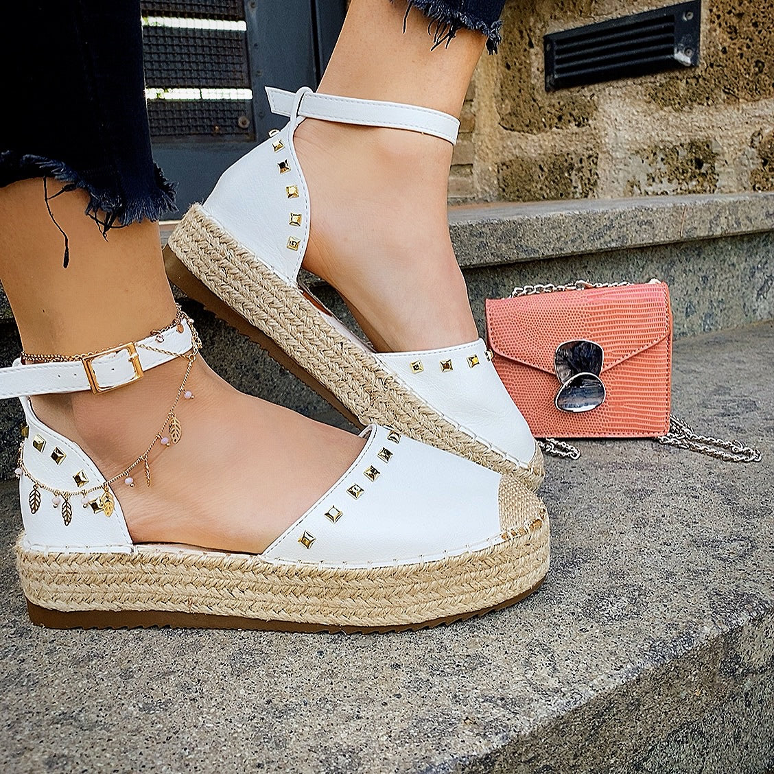 Espadrillas platform basso con borchie white