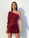 Abito con paillettes monospalla Bordeaux