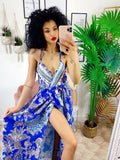 Abito maxi spacco fantasia blu
