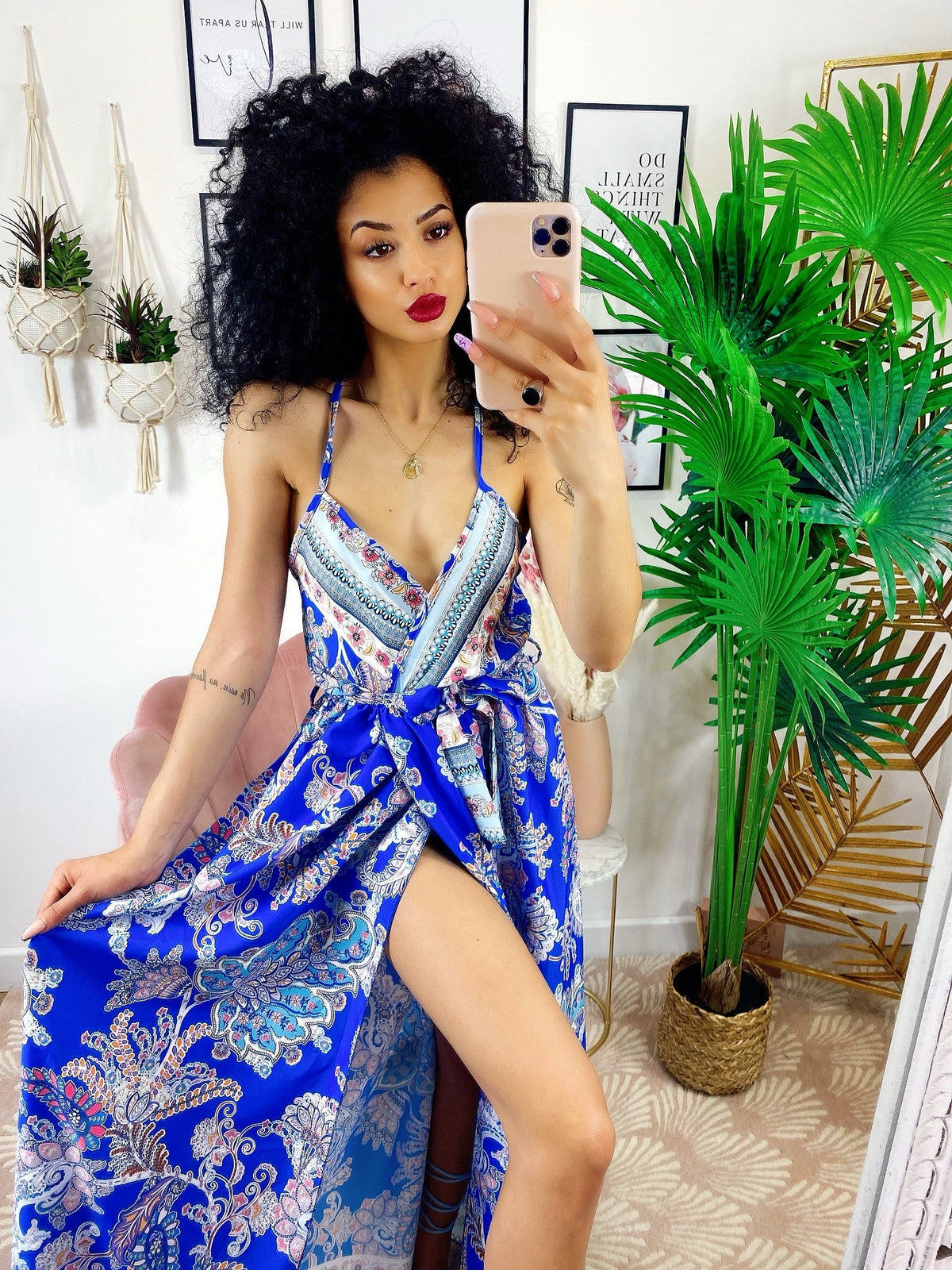Abito maxi spacco fantasia blu