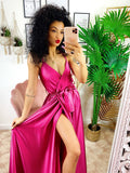 Abito in raso con maxi spacco peonia