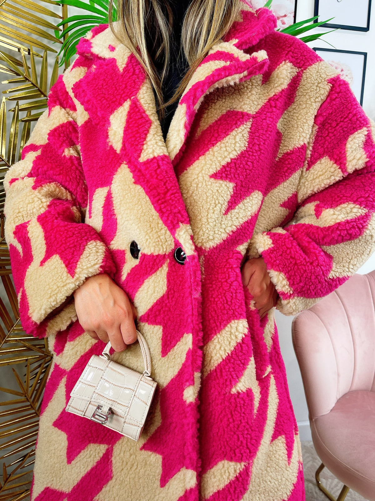 Cappotto pied de poule dettaglio fucsia