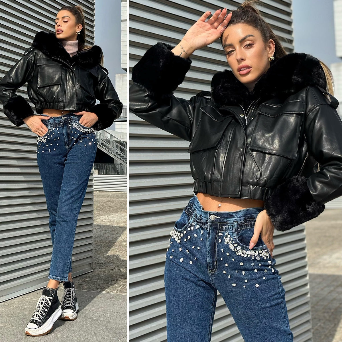 Giaccone in ecopelle nero con pelo